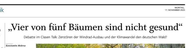 Leserbrief zum Artikel zu Clasen Talk "Vier von fünf Bäumen sind nicht gesund" in der NOZ vom Montag, 17.11.2025 (Windkraft als Gefahr)