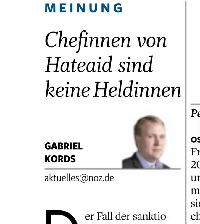 Leserbrief zu "Chefinnen von Hateaid sind keine Heldinnen" von Gabriel Kords, NOZ vom 29.12.2025, Seite 4