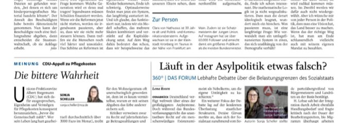 NOZ, 29.05., S.4: Rente "strukturell bankrott" (JU-Politikberaterin), Eigenheime für Pflege heranziehen (Scheller), Migration belastet Sozialstaat (Scheller). Drei Texte, eine Linie, null Gegenstimme. S.6: Birkenstock-Erbe kauft 88 Mio.€ Immobilien bar. Die NOZ stellt die Frage nicht, die sie selbst aufwirft.