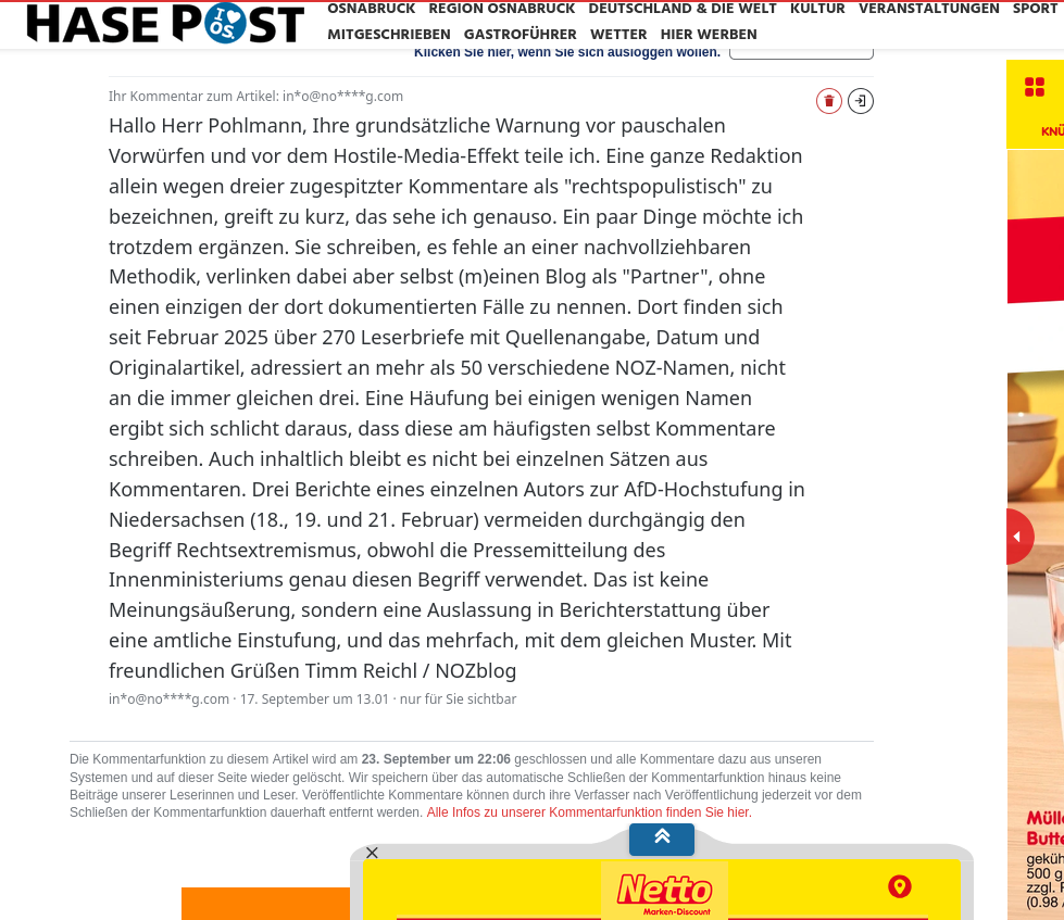 Mein Kommentar in der Hasepost