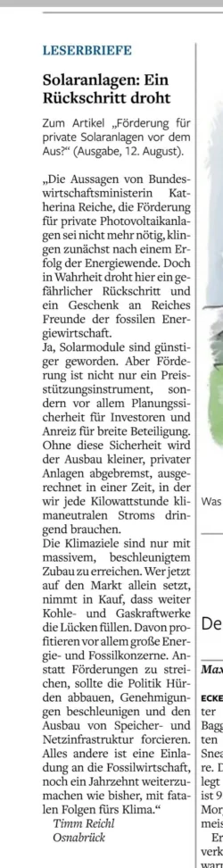 15.08.2025 Solaranlagen ein Rückschritt droht